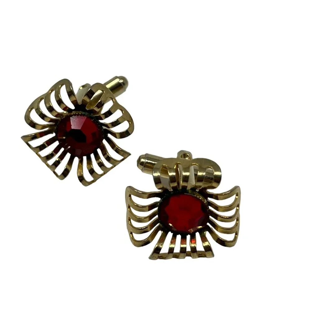 Vintage Mens Cuff Links Red Acrylic Stone Gold Tone‎